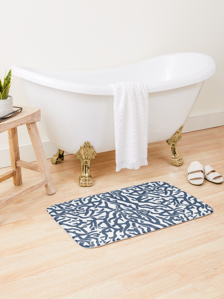 Thumbnail 2 of 6, Bath Mat, Coral Reef Pattern | Navy Blue White Coastal Beach House designed and sold by emkayhess.