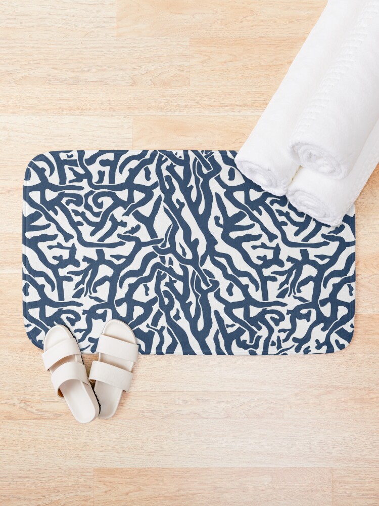 Thumbnail 1 of 6, Bath Mat, Coral Reef Pattern | Navy Blue White Coastal Beach House designed and sold by emkayhess.