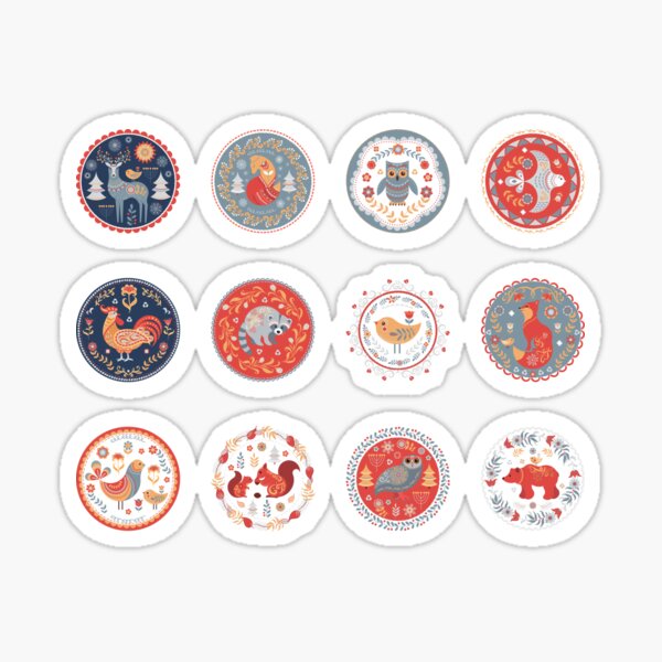 12 circular ornaments with animals, birds and plants. Sticker