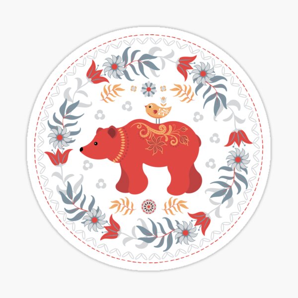 A Bear and a Little Chick. Scandinavian style. Folk Art. Sticker