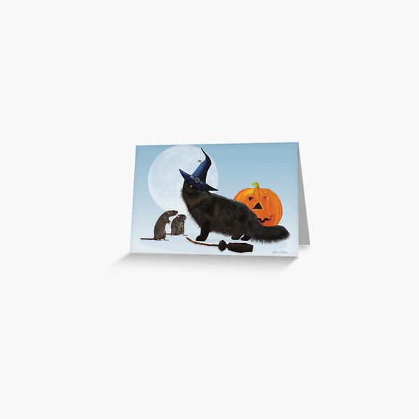 Vista previa del artículo con la obra «Tarjeta de felicitación del gato de Halloween llega a la ciudad», diseñado y vendido por JaneEden.