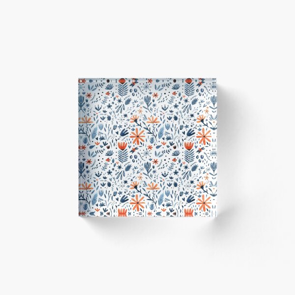 Item preview, Winter blue and orange watercolor folk flowers designed and sold by CrisBanana.