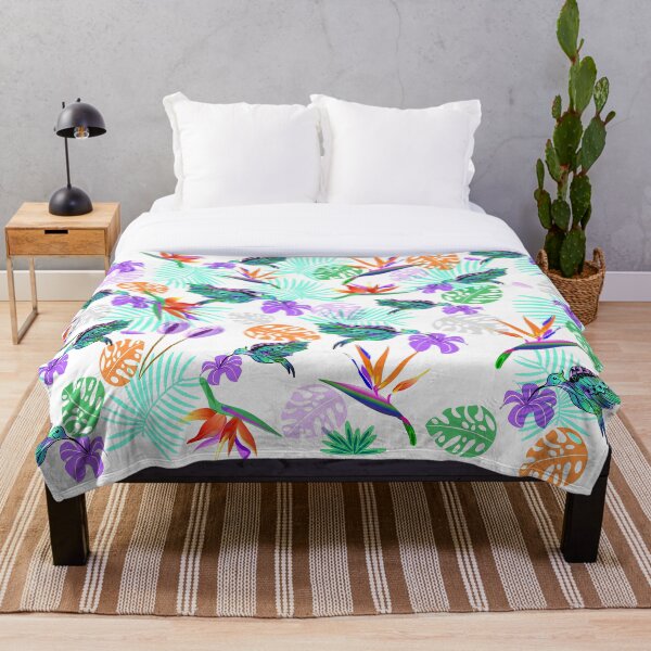 Bird of paradise and humming bird turquoise palm leaves Throw Blanket