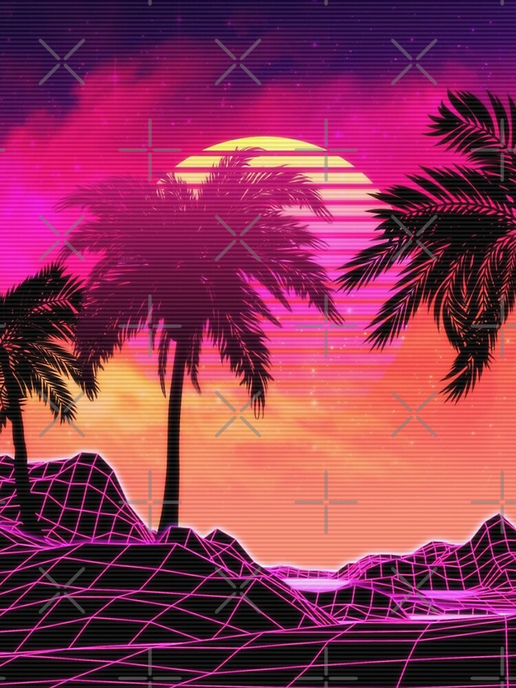 Pink vaporwave landscape with rocks and palms by AnnArtshock