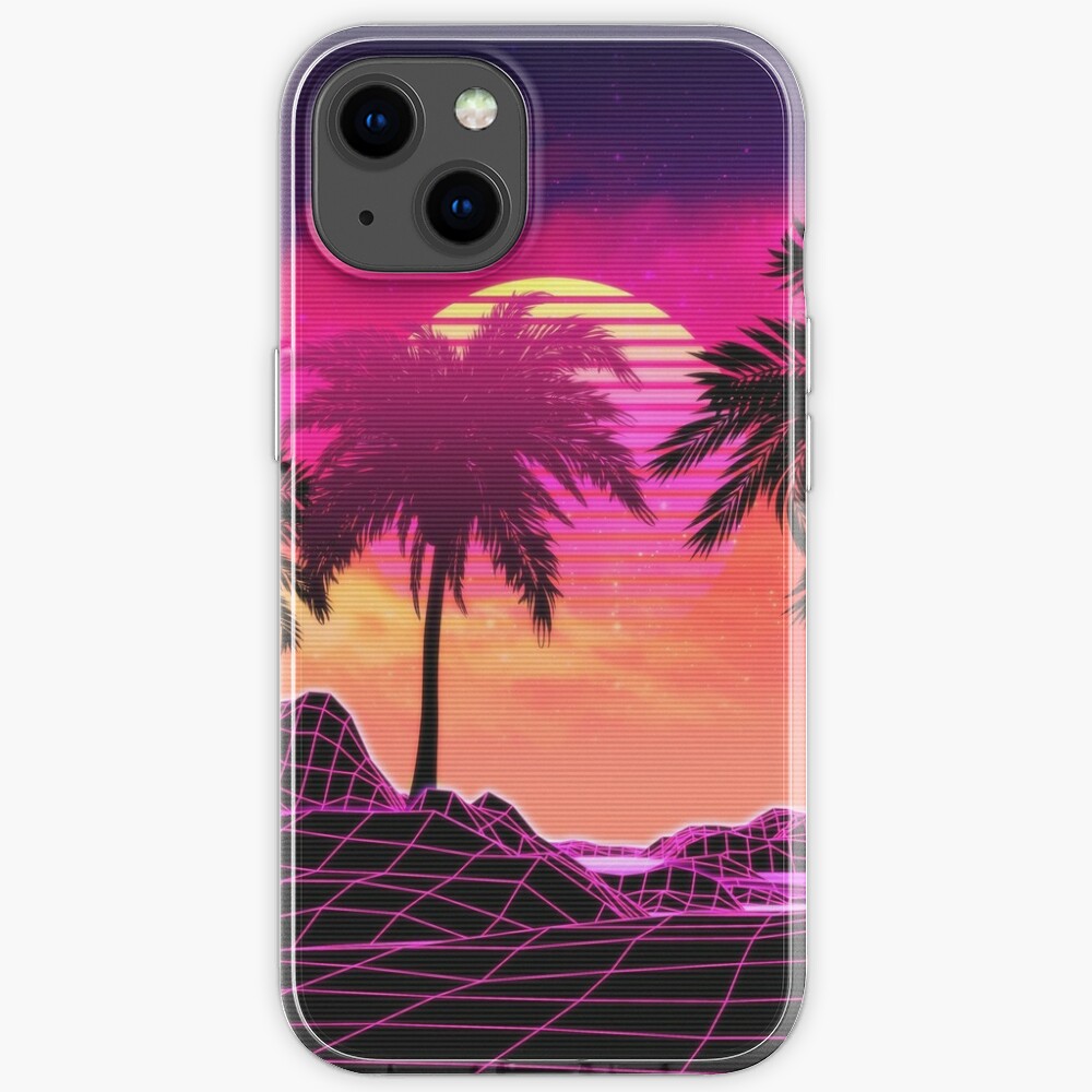 Pink vaporwave landscape with rocks and palms iPhone Case