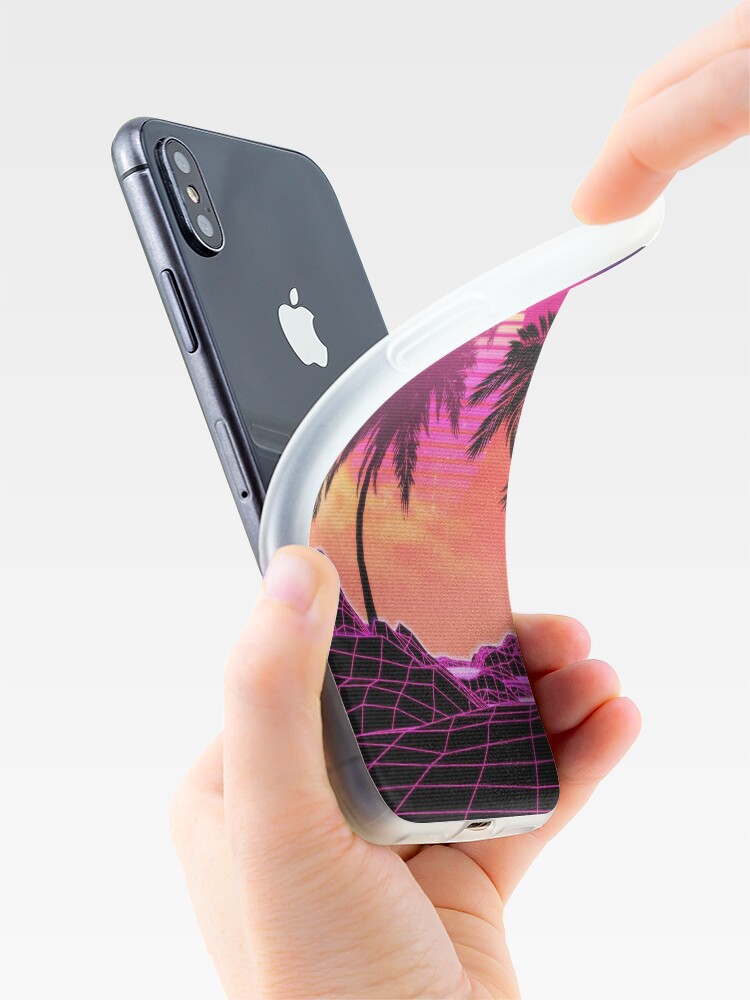 Alternate view of Pink vaporwave landscape with rocks and palms iPhone Case