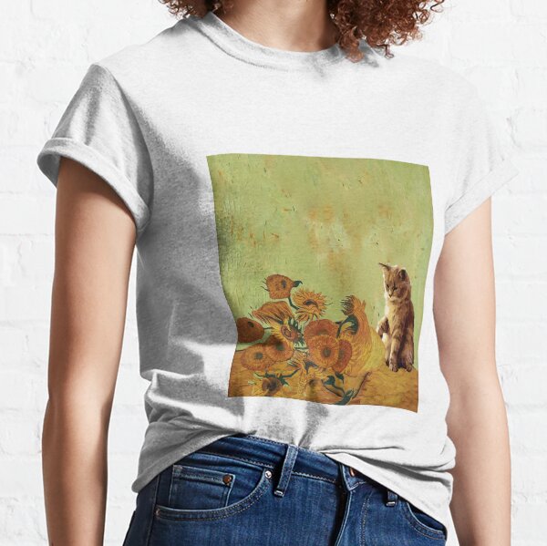 Sunflowers by Vincent Van Gogh and funny cat art meme Classic T-Shirt