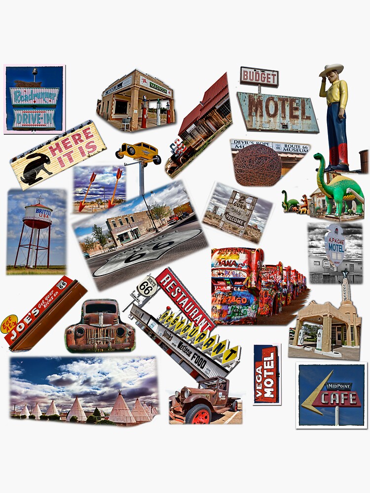 Thumbnail 3 of 3, Sticker, Route 66 Highlights Montage designed and sold by Warren Paul Harris.