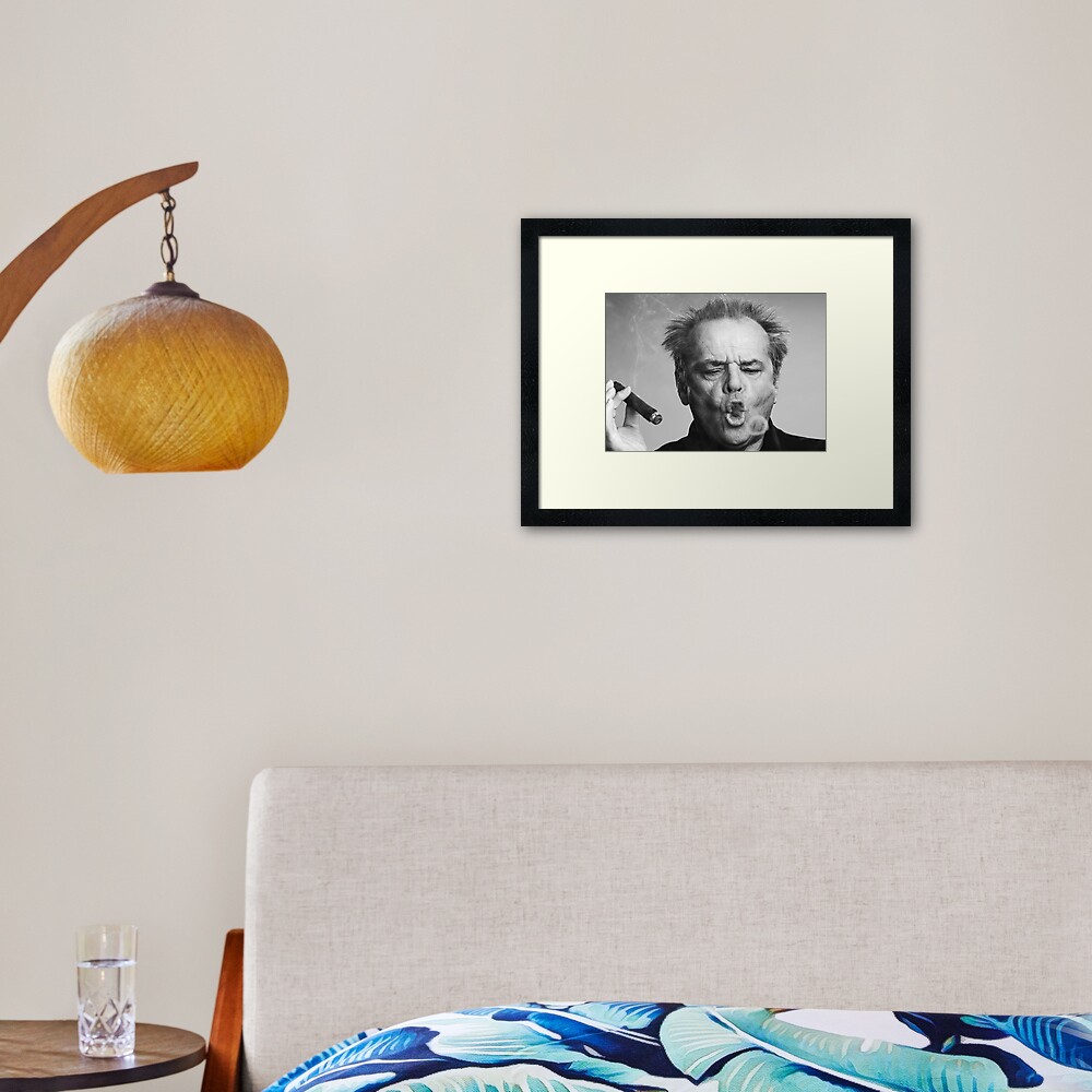 Jack Nicholson, Cigar, Smoke Rings, Black and White Photography Framed Art Print