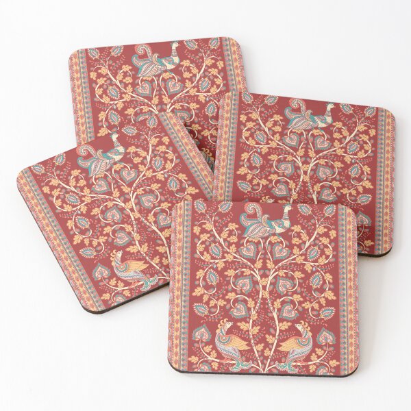 Item preview, Tree with flowers, peacocks on the branches, openwork frames, burgundy background. A rectangular composition in the Indian folk style Kalamkari. designed and sold by Skaska.