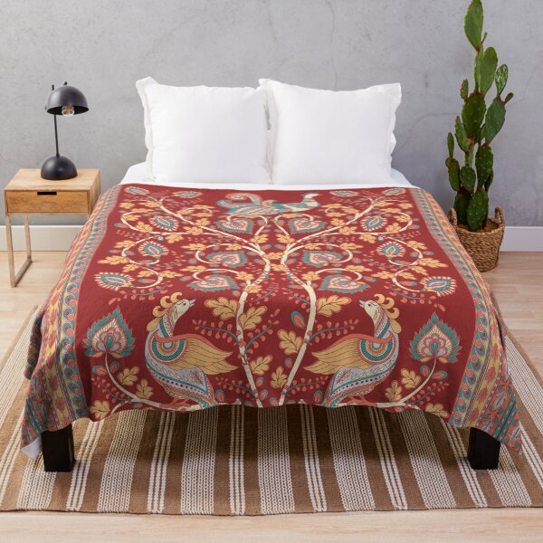 Item preview, Tree with flowers, peacocks on the branches, openwork frames, burgundy background. A rectangular composition in the Indian folk style Kalamkari. designed and sold by Skaska.