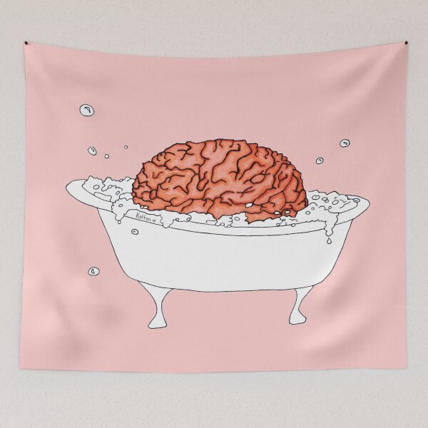 Item preview, Brain in a Tub - Bubble Bath - drawing, simple line, light pink background designed and sold by Natasha Kolton.