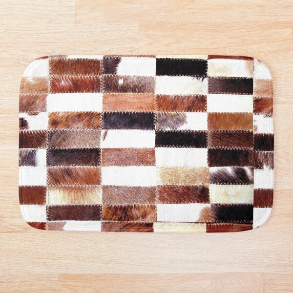 Cowhide Tan Black and White Patchwork | Texture Bath Mat