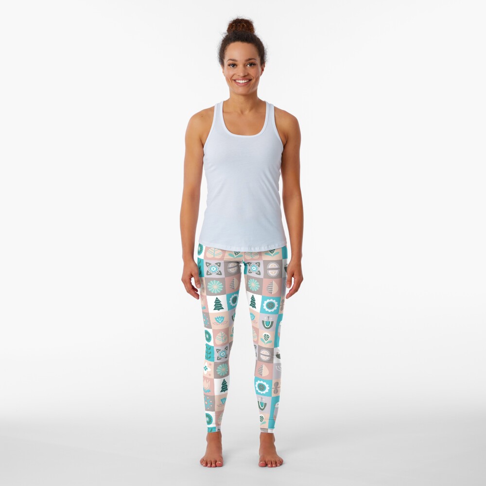 Scandinavian Soft Muted Midcentury Modern Birds And Flowers Leggings