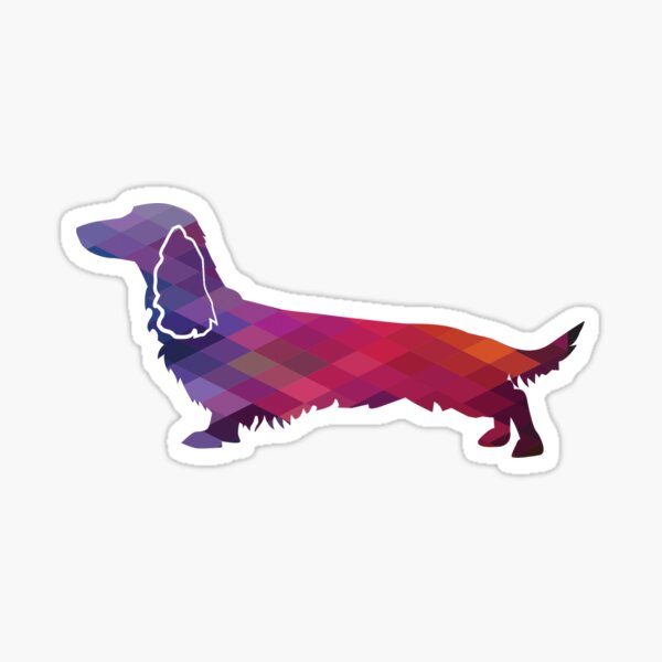 Long Haired Dachshund Dog Breed Silhouette Geometric Pattern in Purple Sticker