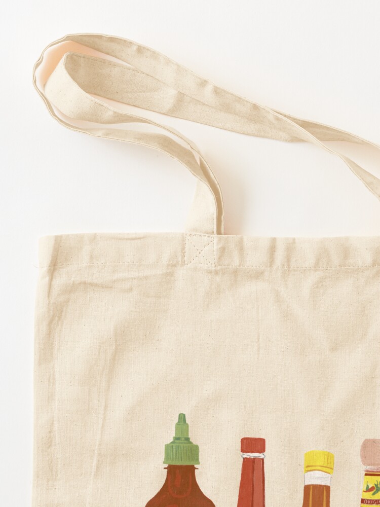 Alternate view of Spicy! Check out these hot sauces on black background Tote Bag
