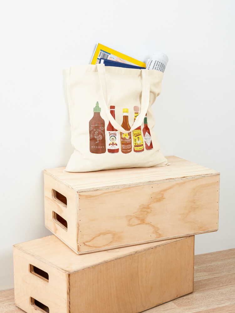 Alternate view of Spicy! Check out these hot sauces on black background Tote Bag