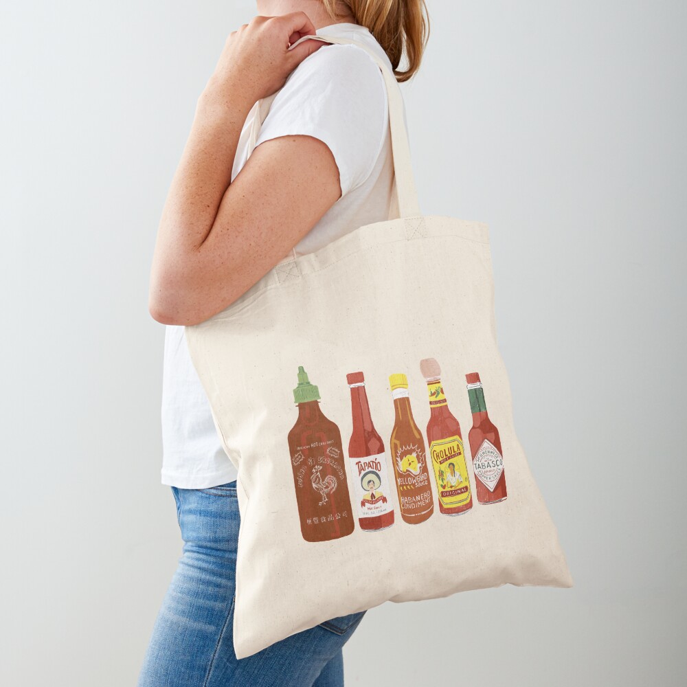 Spicy Check Out These Hot Sauces On Black Background Tote Bag For Sale By Shoshannahscrib 