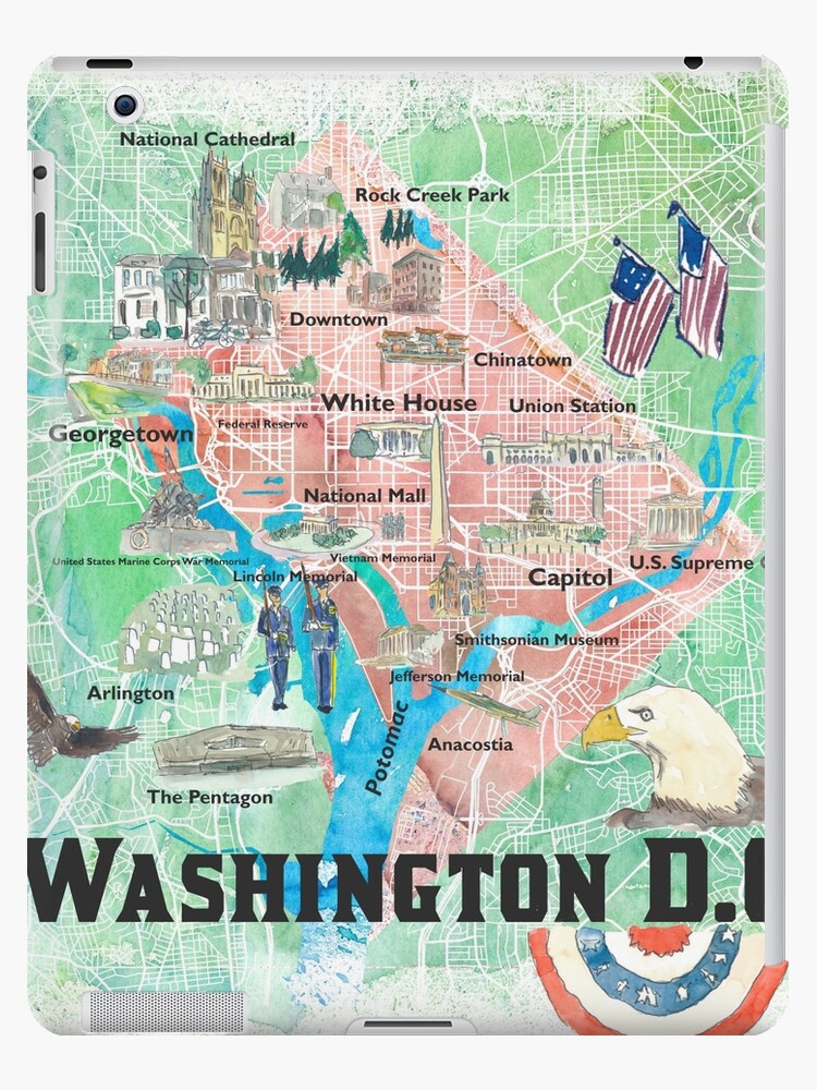 Map Of Dc Landmarks Washington Dc Usa Illustrierte Karte Mit Hauptstraßen Sehenswürdigkeiten  Und Highlights" Ipad-Hülle & Skin Von Artshop77 | Redbubble