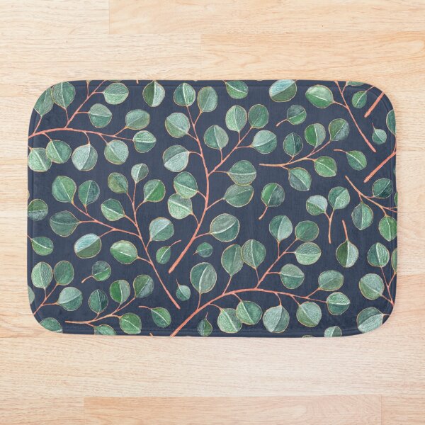 Simple Silver Dollar Eucalyptus Leaves on Navy Blue Bath Mat