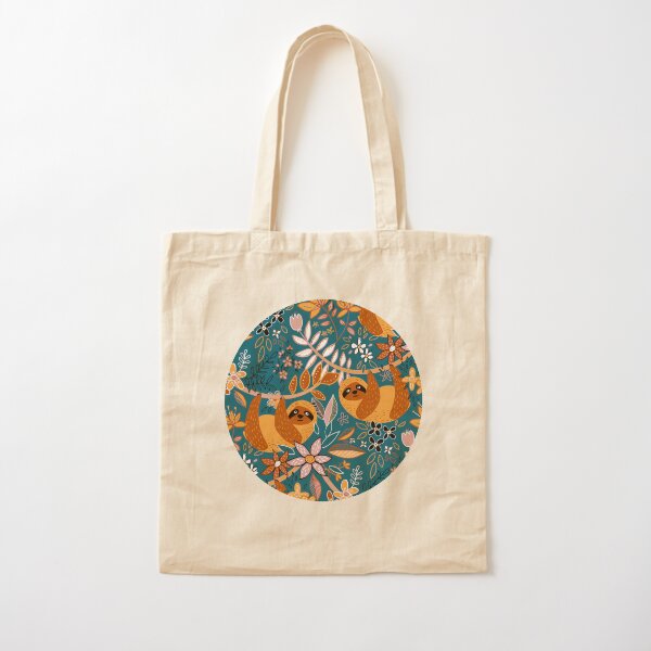Happy Boho Sloth Floral Cotton Tote Bag
