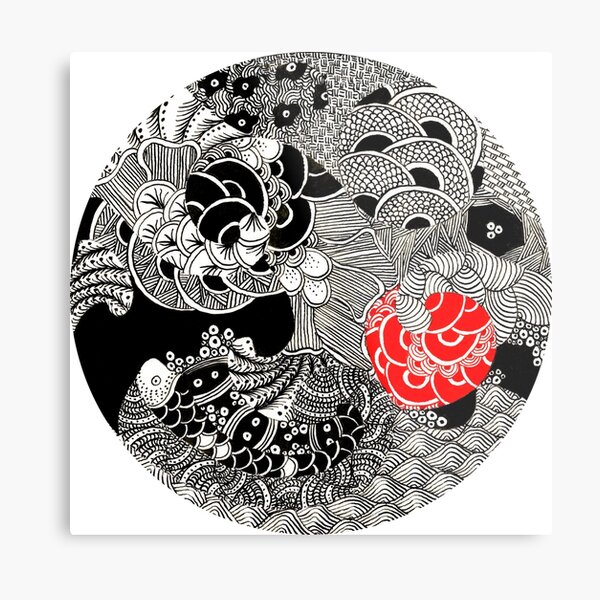 Seemann Black and red ink drawing of abstract patterns by Mokusho Abigaelle Richard Metal Print