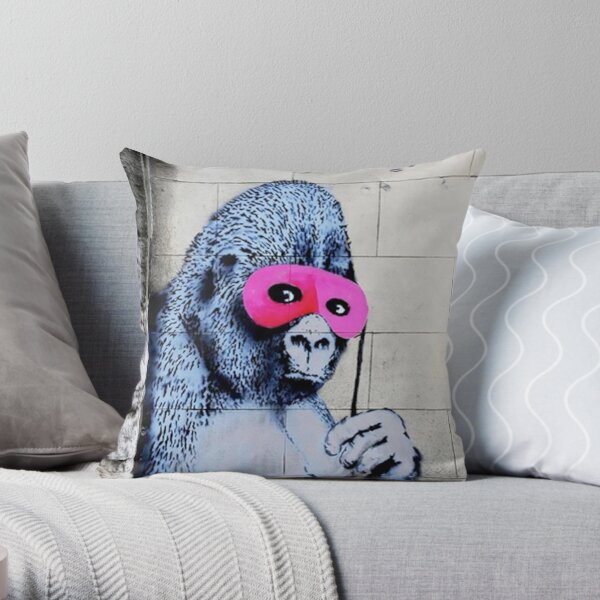 Pink Gorilla Mask Banksy Throw Pillow