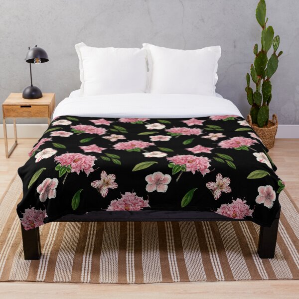 Black and Pink Floral Throw Blanket