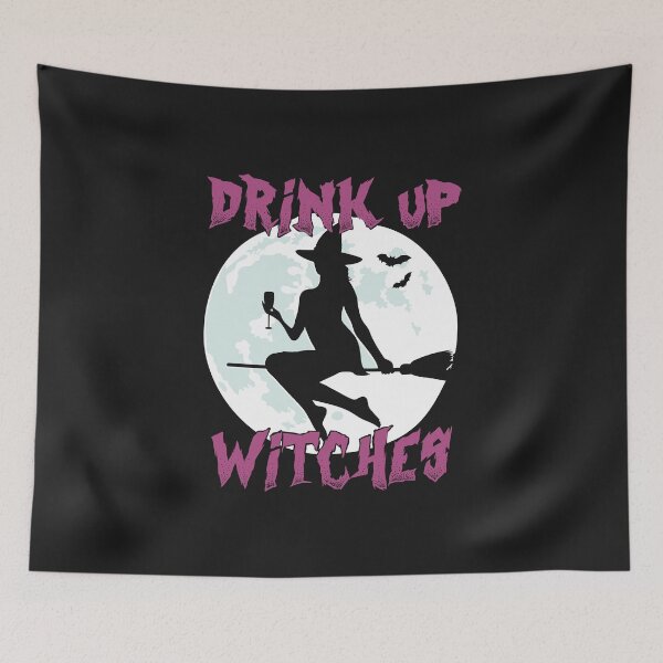 Item preview, Drink Up Witches Halloween Full Moon with Witch Silhouette on the Broom Holding a Drink designed and sold by alenaz.