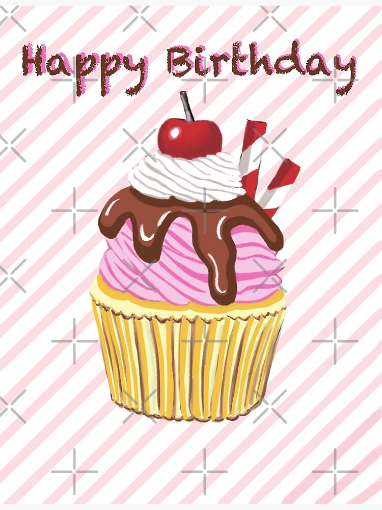 Happy Birthday cupcake with cherry and straws Greeting Card for