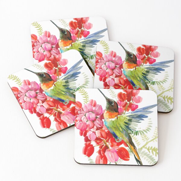 Collared Inca Hummingbrid and Pink Red Flowers Coasters (Set of 4)
