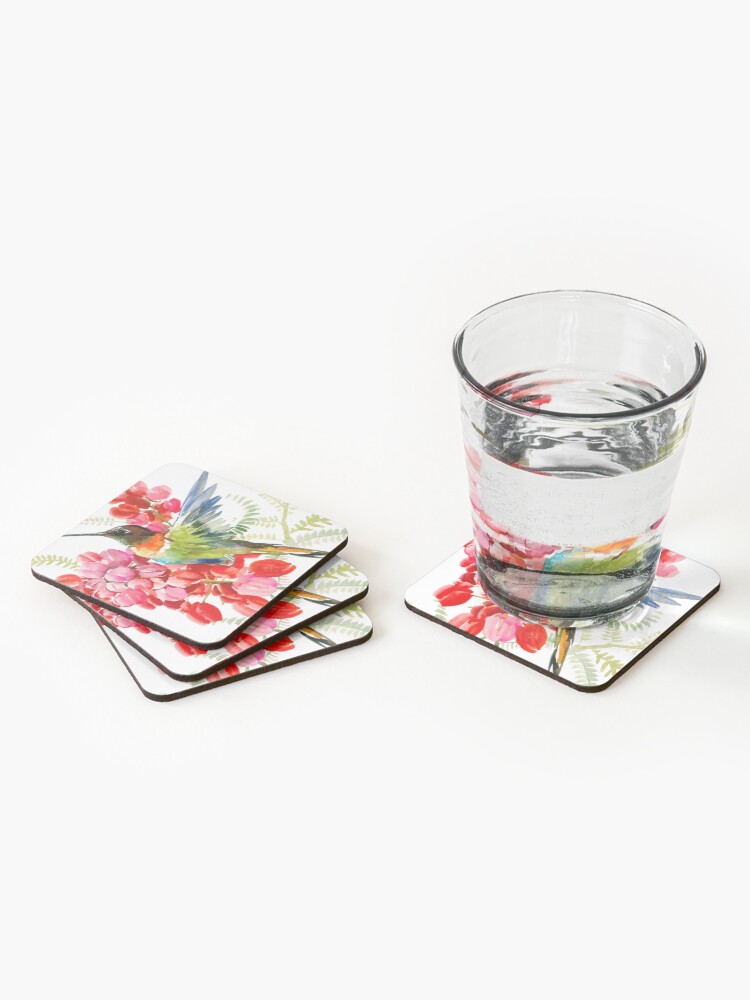 Alternate view of Collared Inca Hummingbrid and Pink Red Flowers Coasters (Set of 4)