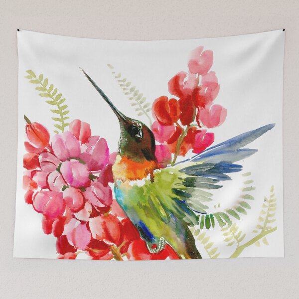 Item preview, Collared Inca Hummingbrid and Pink Red Flowers designed and sold by surenart.