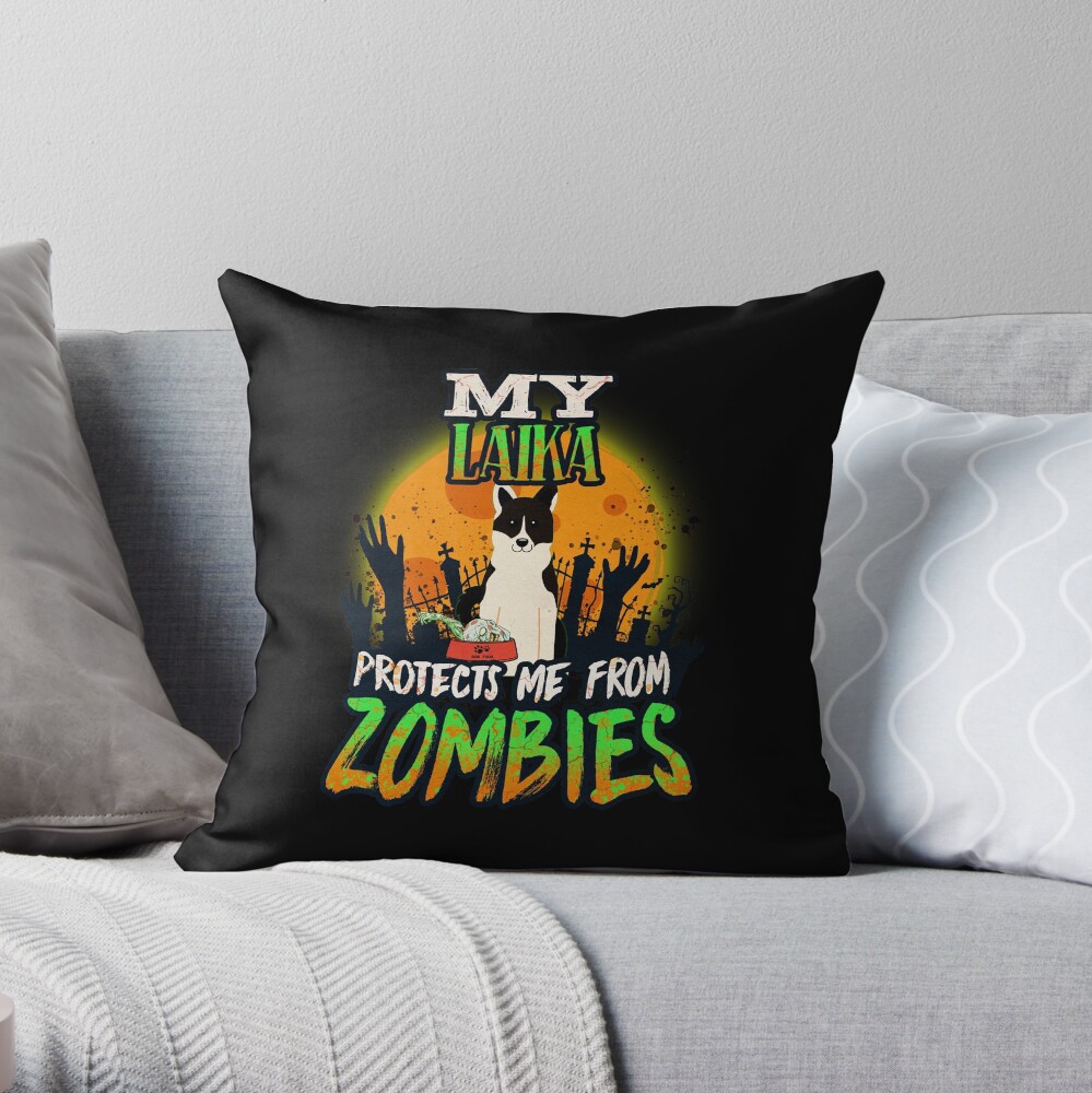 My Laika Protects Me From Zombies - Funny Russo European Laika Halloween Zombie Eater Throw Pillow