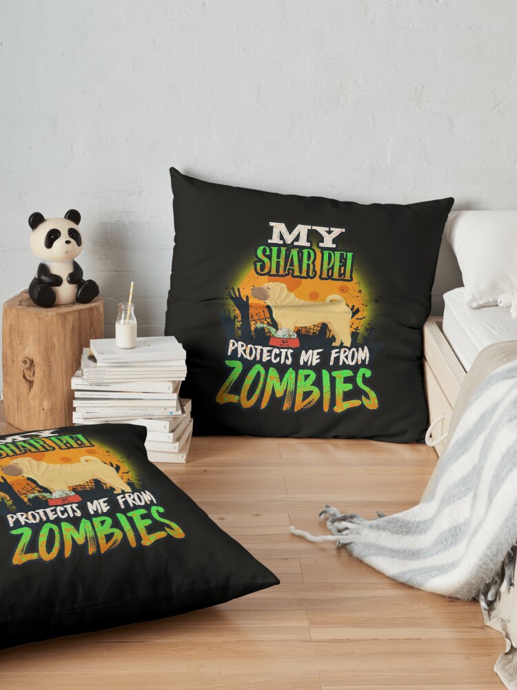 Alternate view of My Shar Pei Protects Me From Zombies - Funny Shar Pei Halloween Zombie Eater Floor Pillow