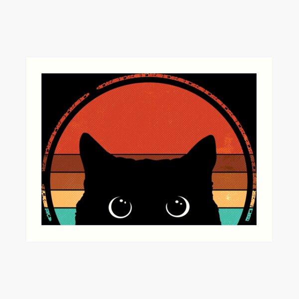 Black Cat Peeking Sunset Vintage Art Print