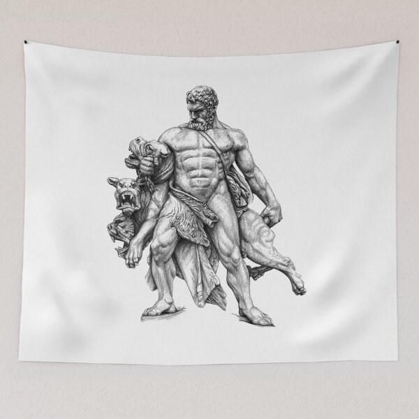 Item preview, Drawing of Hercules capturing Cerberus for white and light background designed and sold by IraPanyukova.