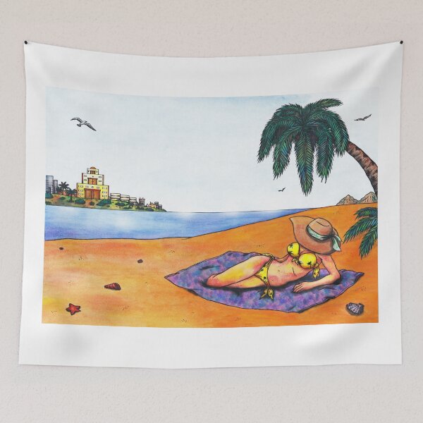 Item preview, watercolor illustration woman relaxing on beach at sea designed and sold by Jonah Augustin Gray.
