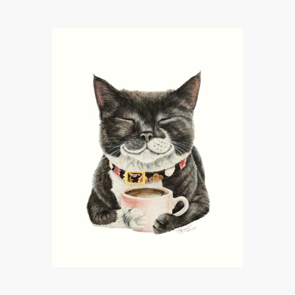 Purrfect Morning cat with coffee Art Print