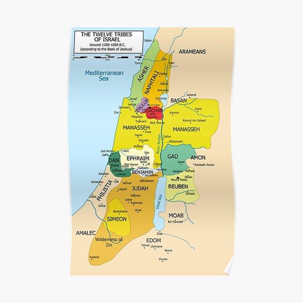 Map of Twelve Tribes of Israel from 1200 to 1050 According to Book of Joshua Poster