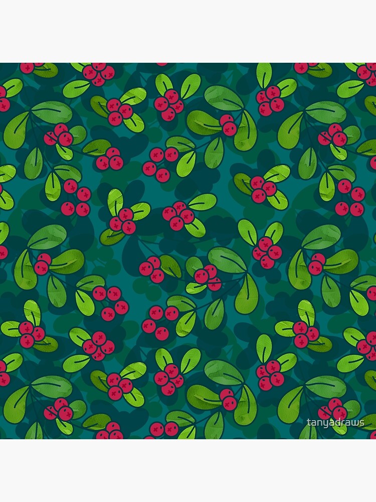 Artwork view, Cranberry Fruit Pattern on Dark Teal designed and sold by tanyadraws