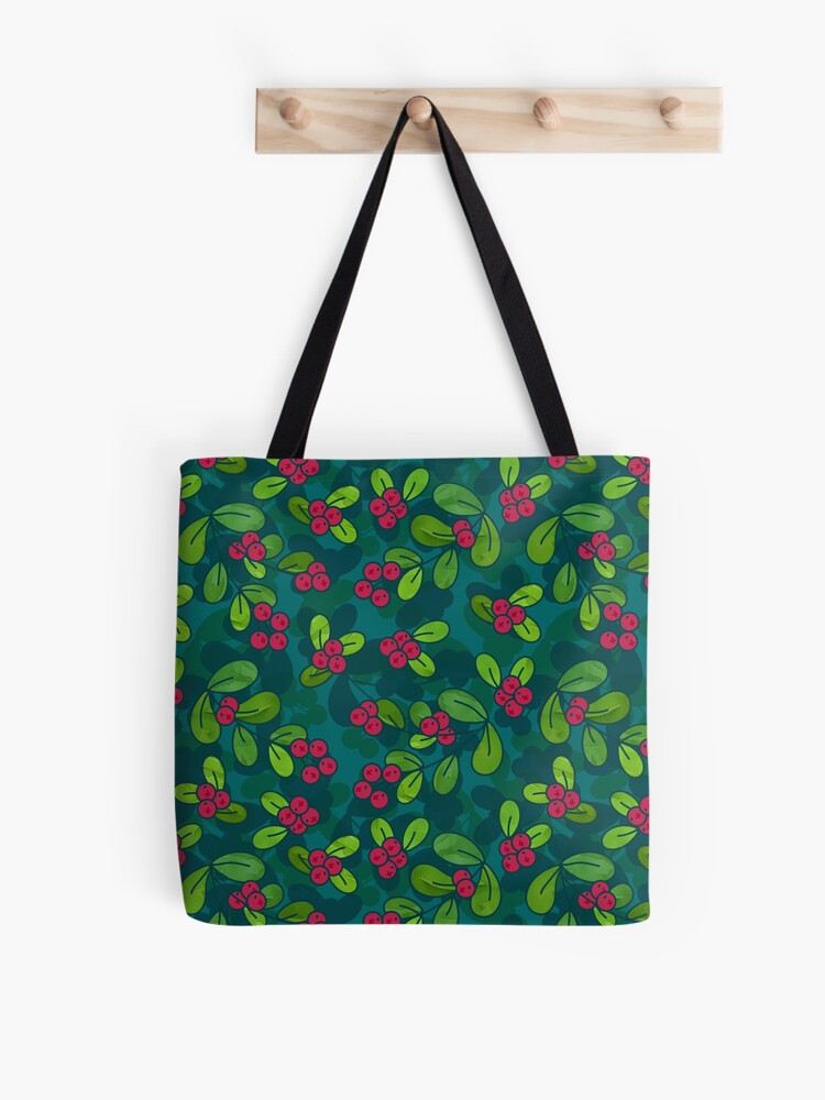 Thumbnail 1 of 2, Tote Bag, Cranberry Fruit Pattern on Dark Teal designed and sold by tanyadraws.