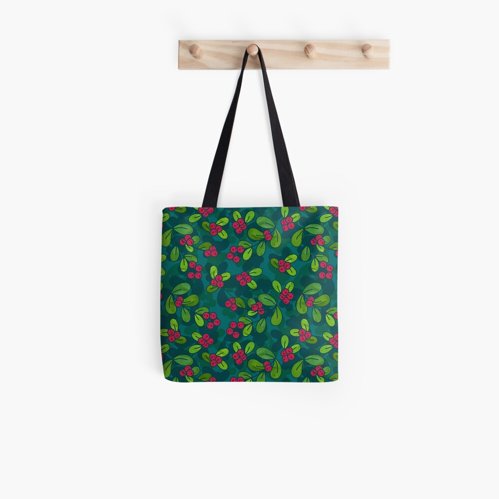 Cranberry Fruit Pattern on Dark Teal Tote Bag
