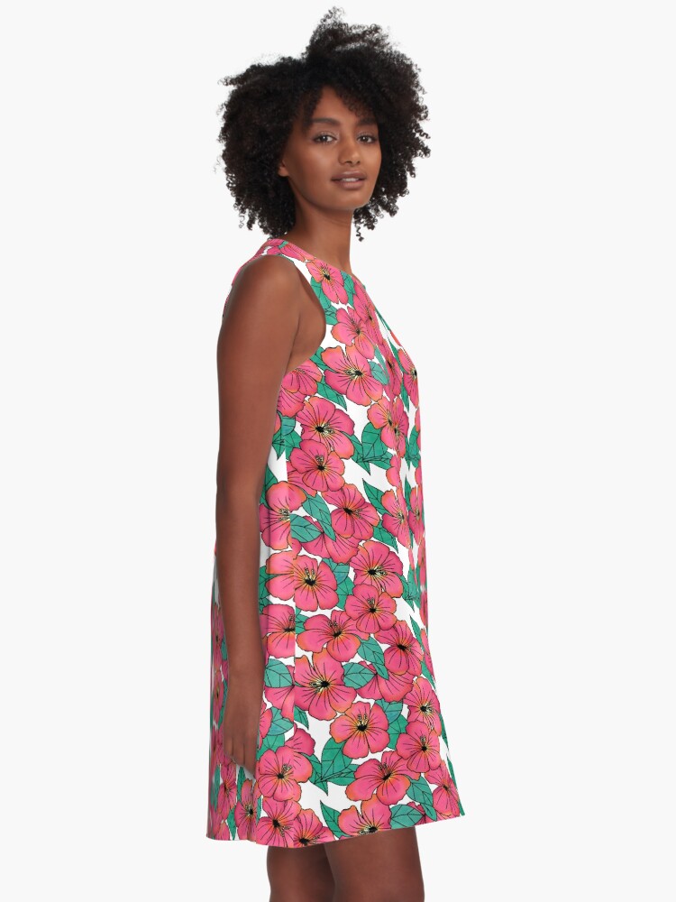 Alternate view of Tropical Floral Pink Hibiscus Pattern A-Line Dress