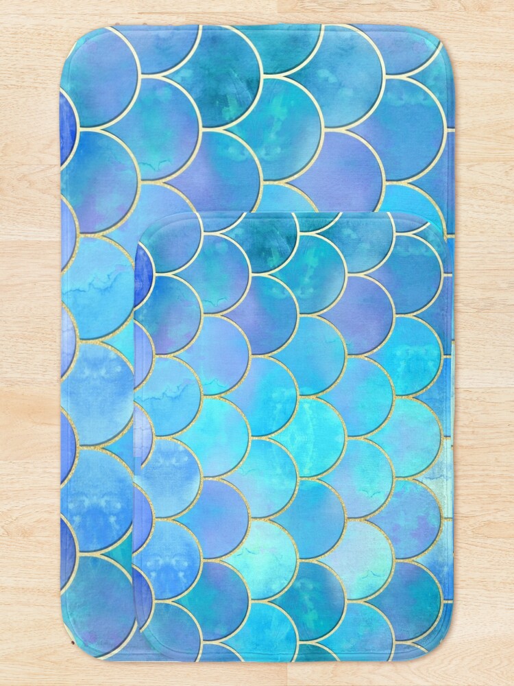 Disover Aqua Pearlescent & Gold Mermaid Scale Pattern | Bath Mat