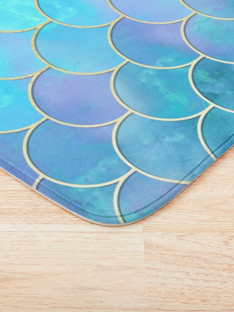 Discover Aqua Pearlescent & Gold Mermaid Scale Pattern | Bath Mat