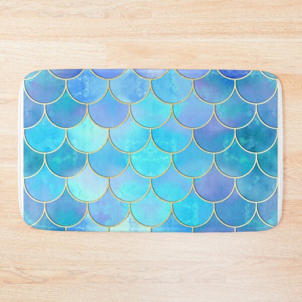 Disover Aqua Pearlescent & Gold Mermaid Scale Pattern | Bath Mat