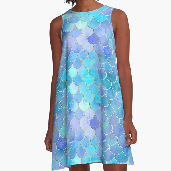 Aqua Pearlescent & Gold Mermaid Scale Pattern A-Line Dress