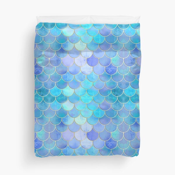 Aqua Pearlescent & Gold Mermaid Scale Pattern Duvet Cover