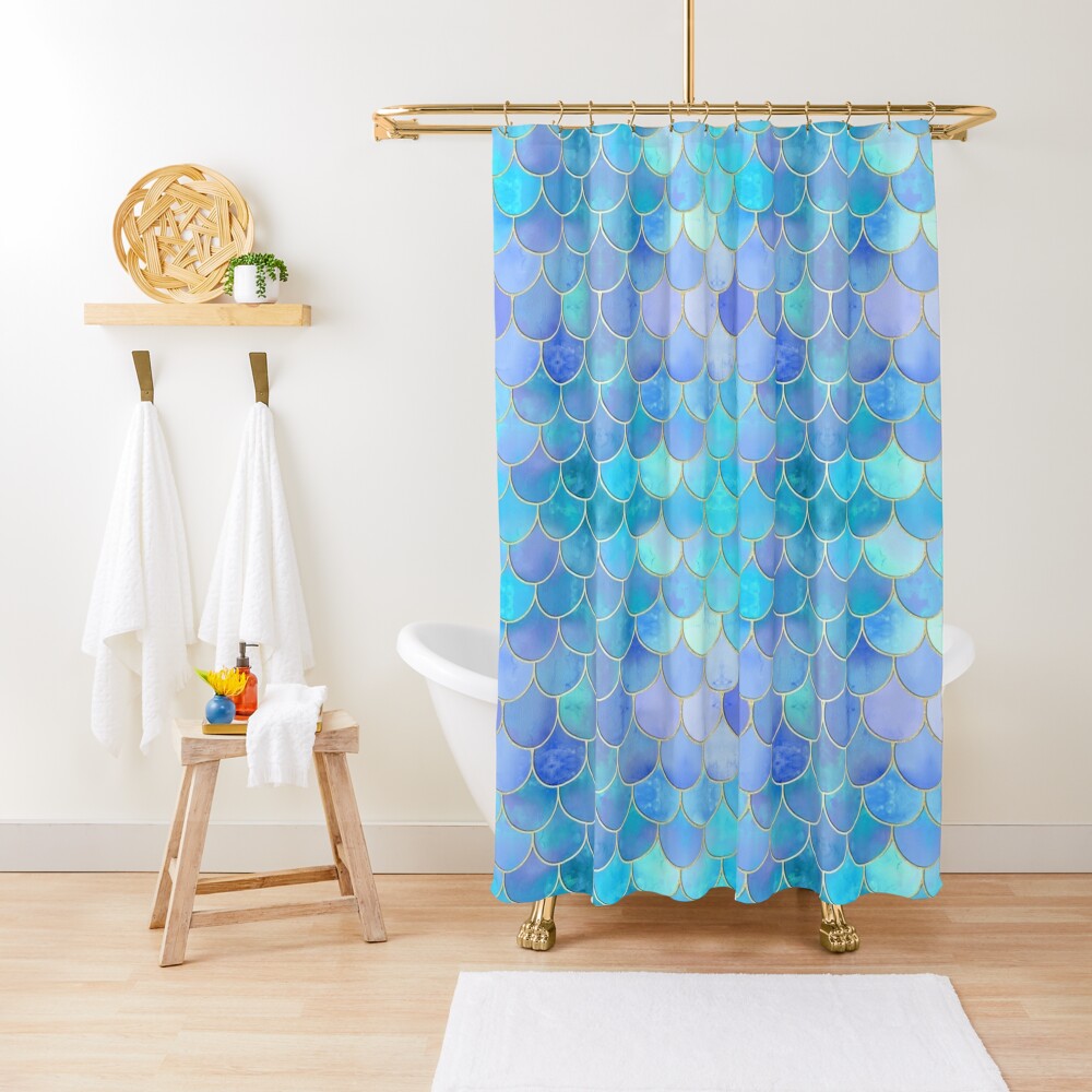 Disover Aqua Pearlescent & Gold Mermaid Scale Pattern | Shower Curtain